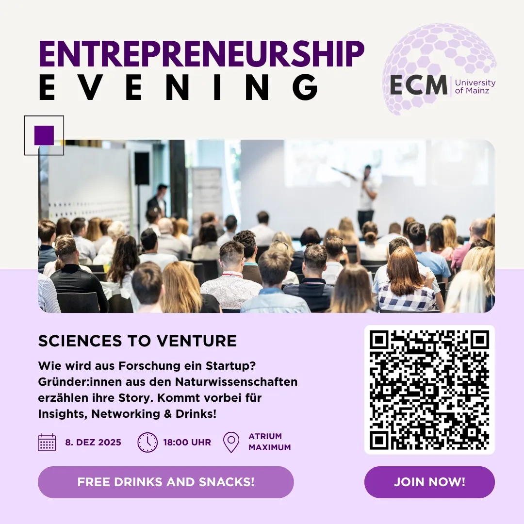 Quadratischer Social Post in Hellviolett mit dem Titel Entrepreneurship Evening, einem Publikumsfoto, Datum und QR-Code