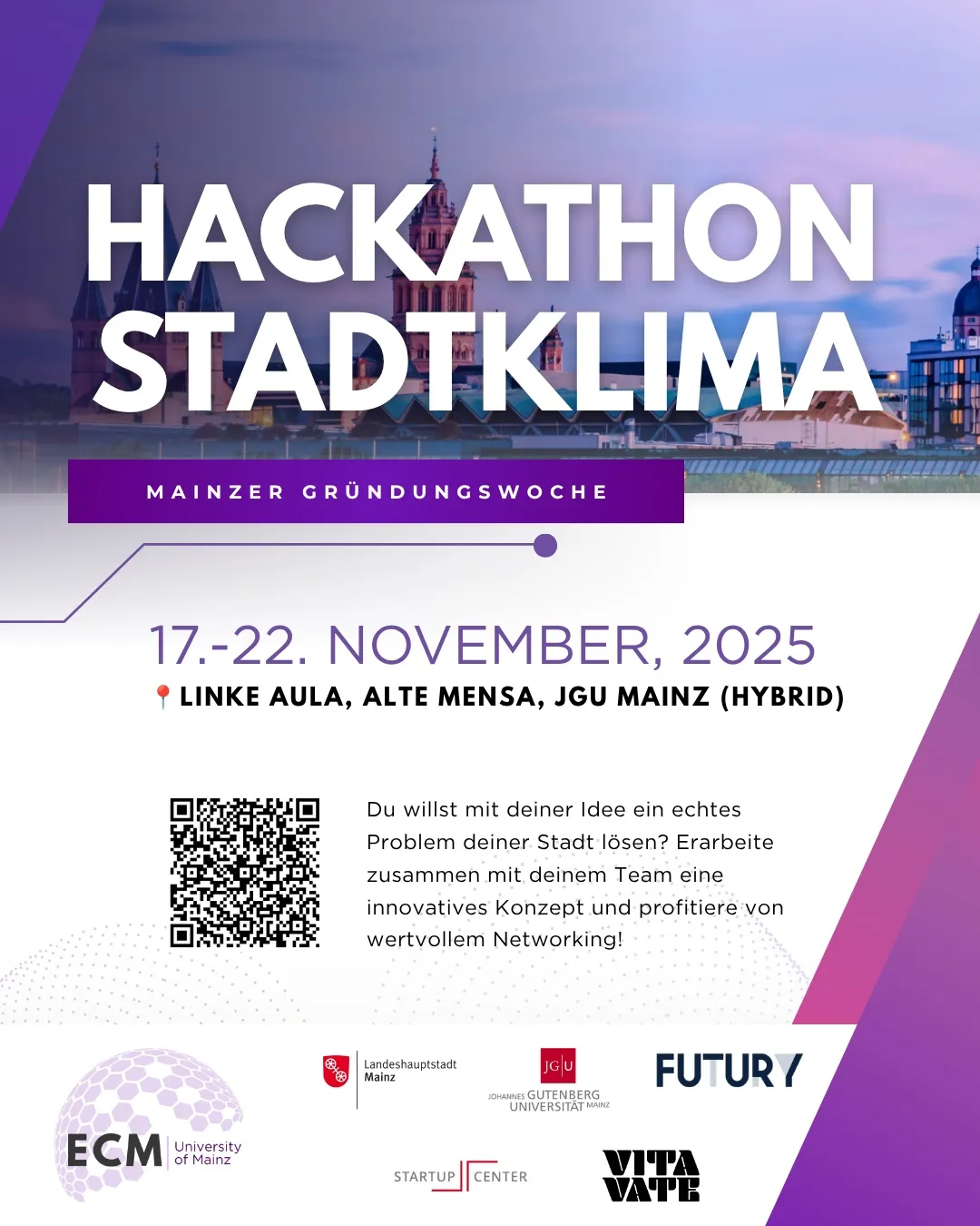 Hochformatiger Flyer mit der Mainzer Skyline in Violett und Magenta, dem Titel Hackathon Stadtklima, Datum, Ort und sechs Partnerlogos