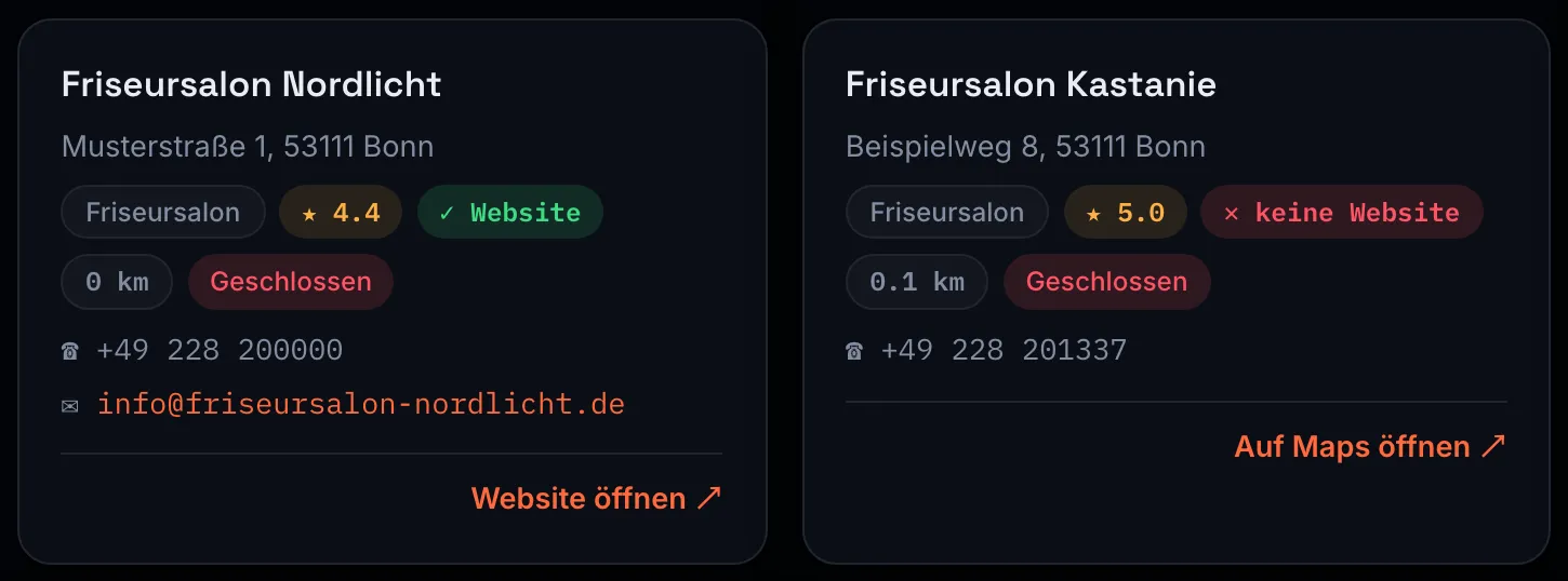 Zwei Kacheln nebeneinander: je Betrieb Name, Anschrift, Branche, Bewertung, Hinweis auf vorhandene oder fehlende Website, Entfernung, Öffnungsstatus, Telefonnummer und E-Mail-Adresse