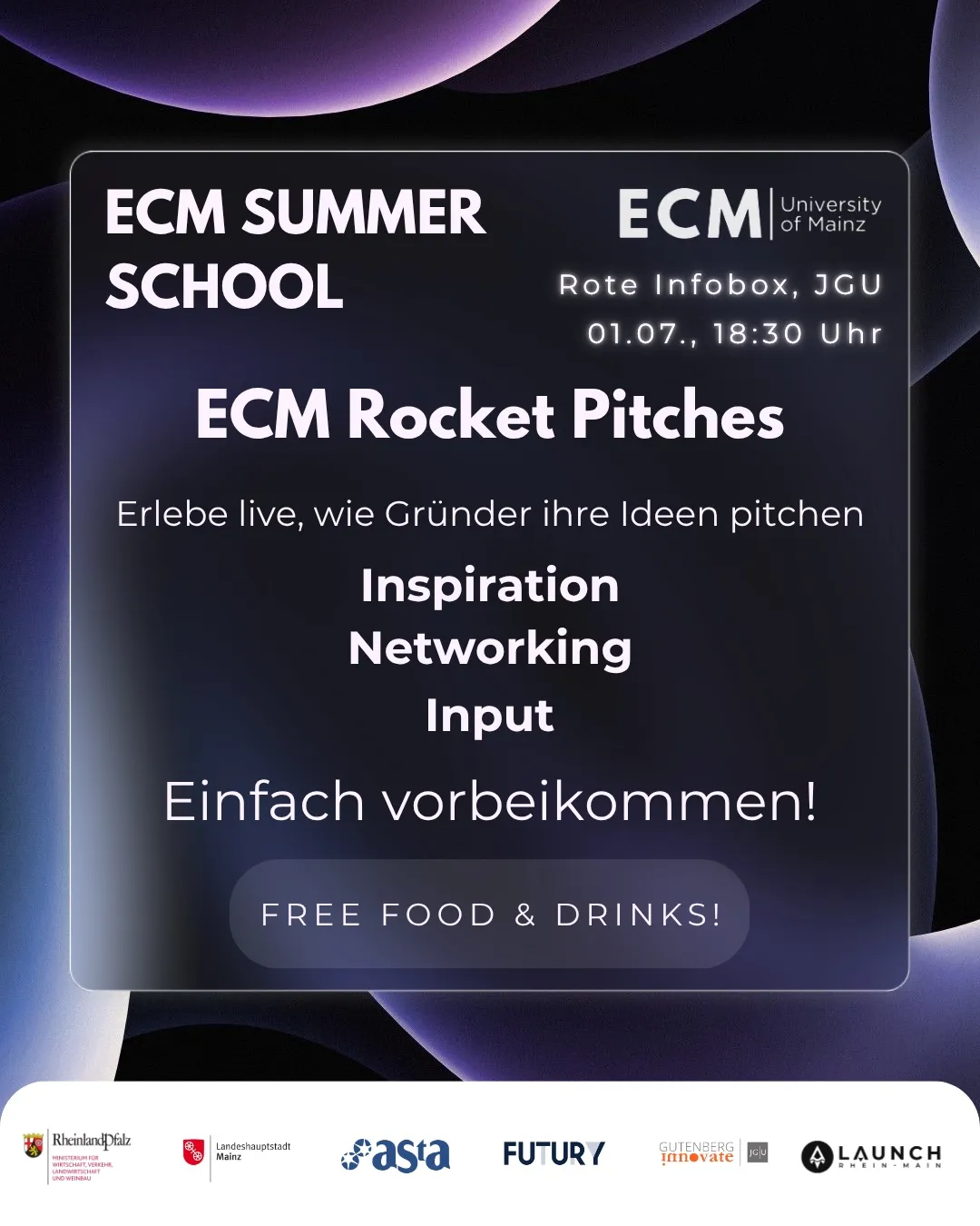 Dunkler Post im Hochformat mit violettem Farbverlauf, dem Titel ECM Summer School und der Zeile ECM Rocket Pitches