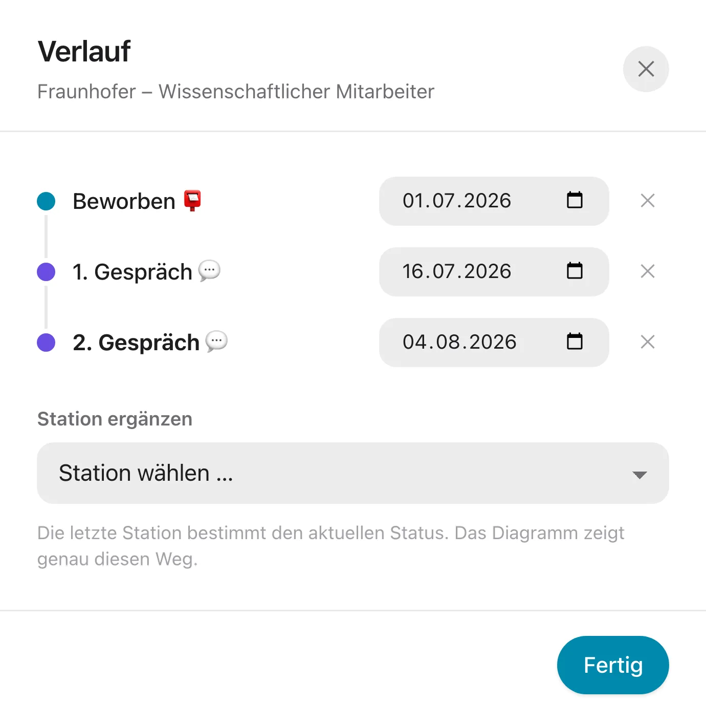 Fenster mit dem Verlauf einer Bewerbung: die Stationen Beworben, erstes Gespräch und zweites Gespräch mit jeweils eigenem Datum, darunter ein Auswahlfeld zum Ergänzen einer weiteren Station
