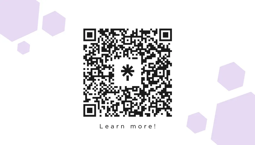 Rückseite der Visitenkarte mit QR-Code auf hellvioletter Musterfläche und dem Hinweis Learn more