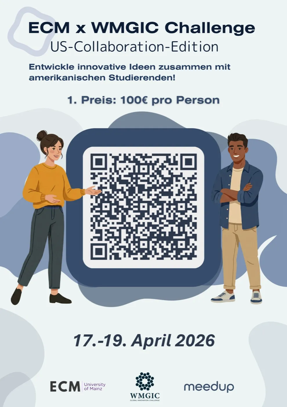 Plakat im DIN-Hochformat in Hellblau mit zwei illustrierten Figuren, großem QR-Code und den Logos von ECM, WMGIC und meedup