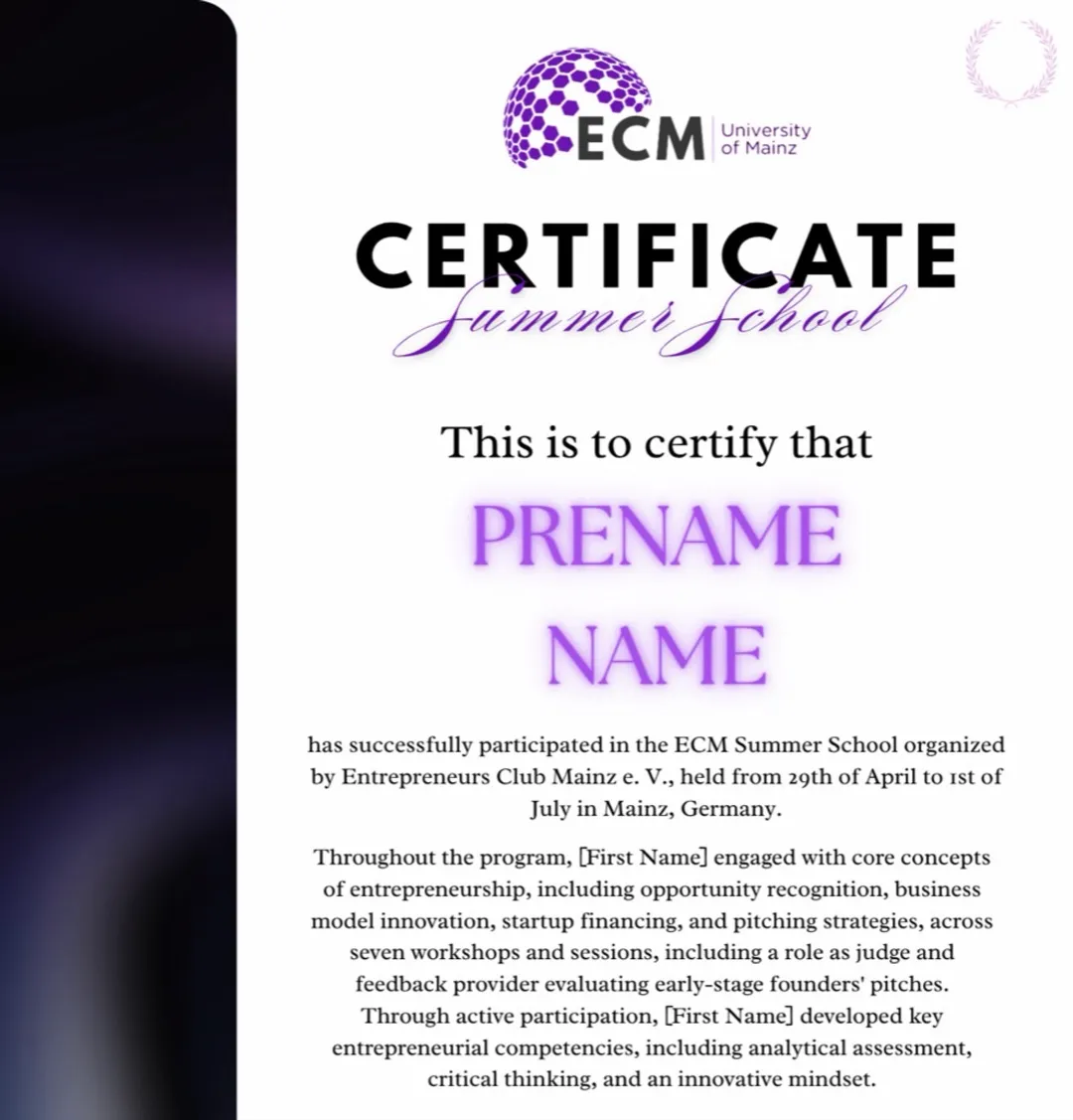 Hochformatige Urkunde mit dunklem Seitenstreifen, ECM-Logo, dem Wort Certificate und einem violett leuchtenden Namensfeld
